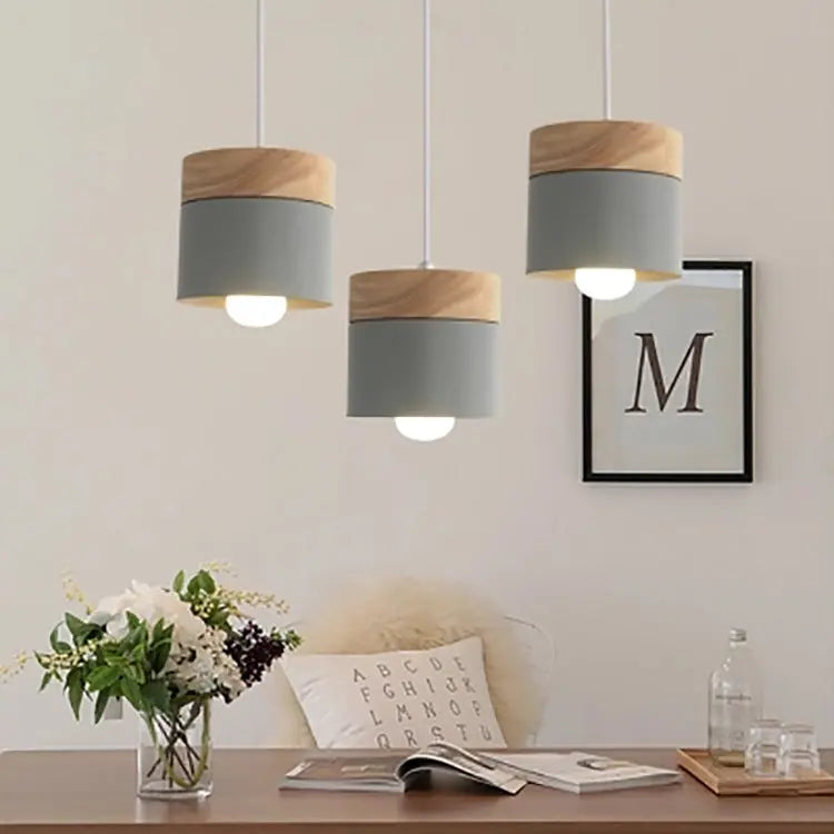 Modern Minimalist Wood Iron Round Cylinder 1-light Pendant Light for Living Room BulbSquare