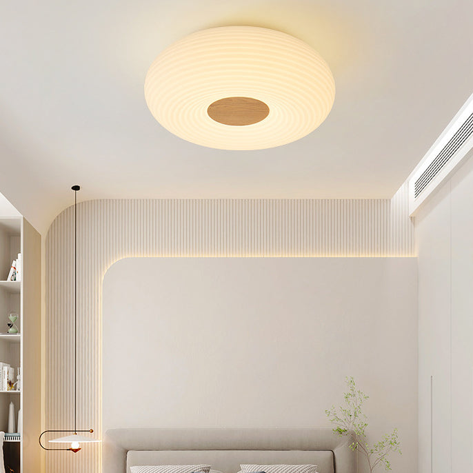 Traditional Japanese Hardware PE Round Wood Grain LED Flush Mount Ceiling Light For Living Room