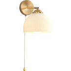 Traditional French Pull Switch Rotatable Dome Half Pleated Glass Shade Iron 1-Light Wall Sconce Lamp For Living Room
