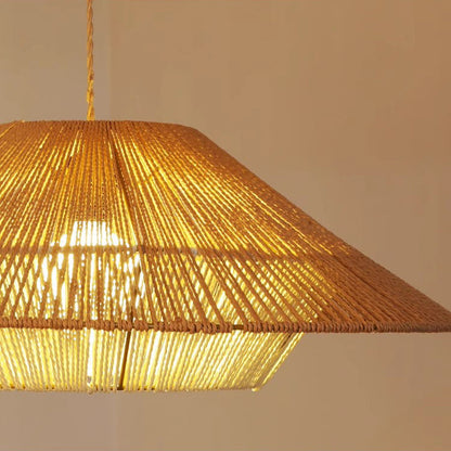 Traditional Japanese Hollowed-Out Hat Shaped Woven Hemp Rope Iron 1-Light Pendant Light For Living Room