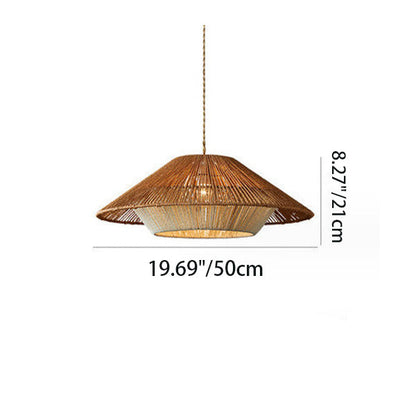 Traditional Japanese Hollowed-Out Hat Shaped Woven Hemp Rope Iron 1-Light Pendant Light For Living Room