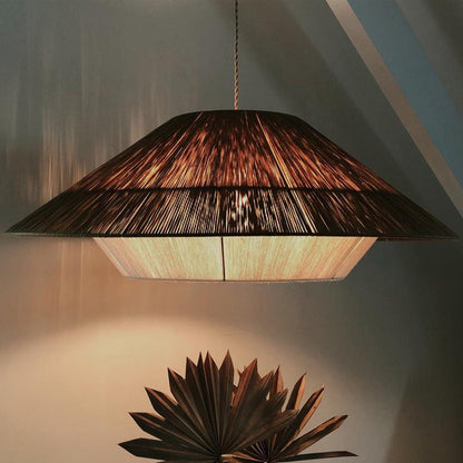 Traditional Japanese Hollowed-Out Hat Shaped Woven Hemp Rope Iron 1-Light Pendant Light For Living Room