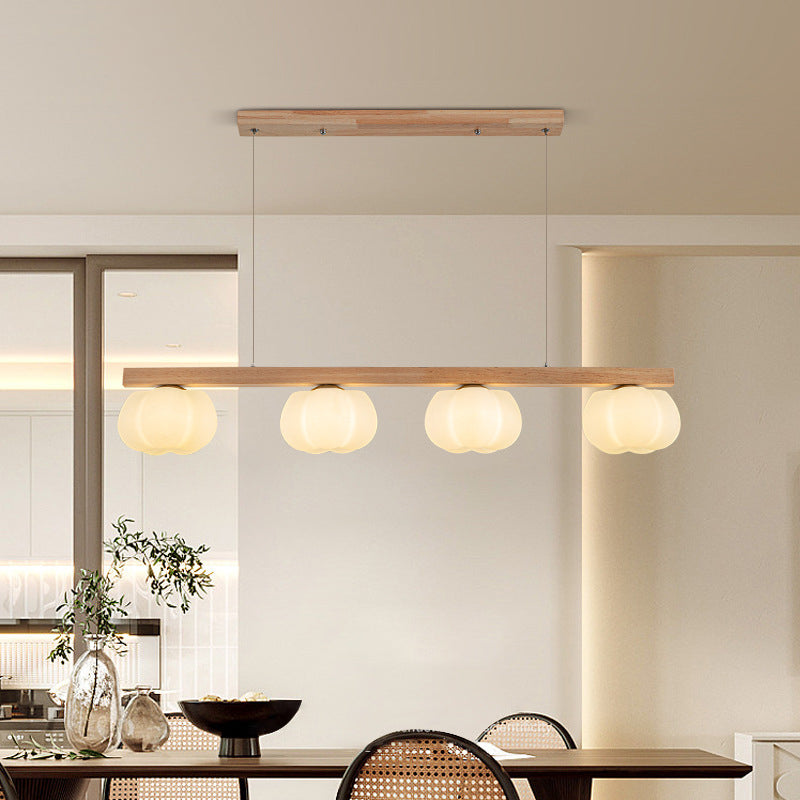 Contemporary Nordic Long Strip Linear Cotton Shape Wood Pe 3/4-light Chandelier Island Light for Dining Room