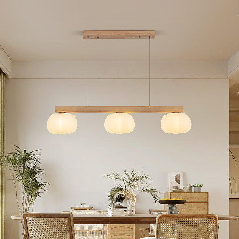 Contemporary Nordic Long Strip Linear Cotton Shape Wood Pe 3/4-light Chandelier Island Light for Dining Room BulbSquare