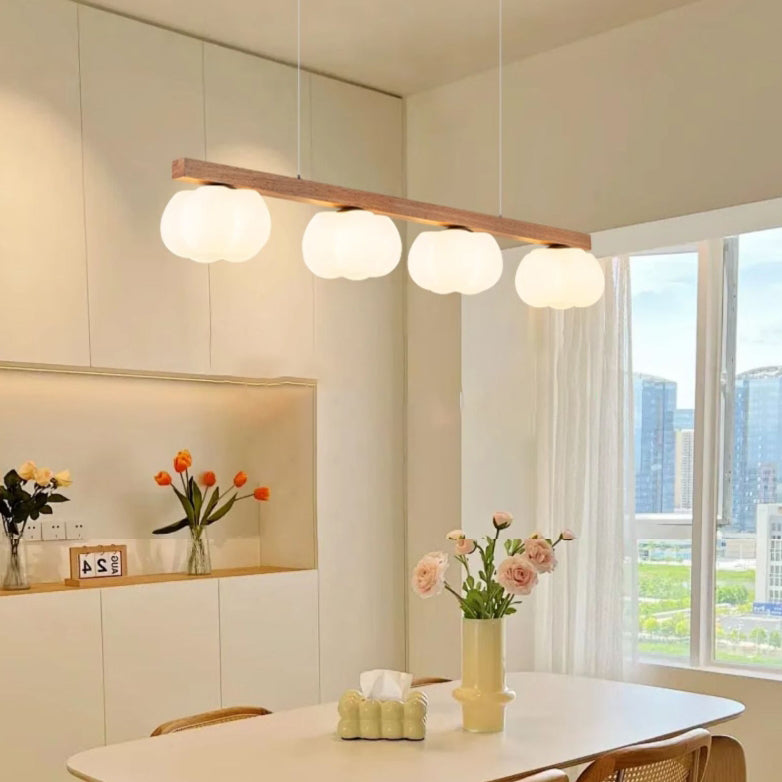 Contemporary Nordic Long Strip Linear Cotton Shape Wood Pe 3/4-light Chandelier Island Light for Dining Room