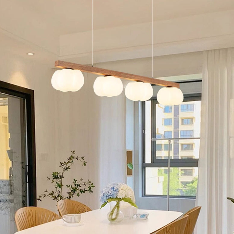 Contemporary Nordic Long Strip Linear Cotton Shape Wood Pe 3/4-light Chandelier Island Light for Dining Room