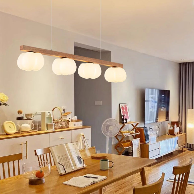 Contemporary Nordic Long Strip Linear Cotton Shape Wood Pe 3/4-light Chandelier Island Light for Dining Room