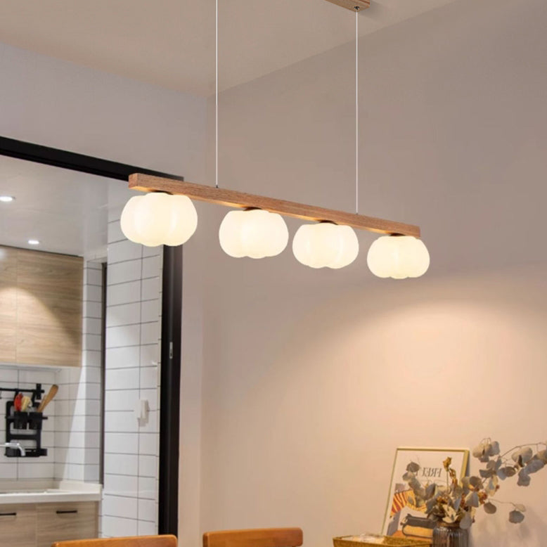 Contemporary Nordic Long Strip Linear Cotton Shape Wood Pe 3/4-light Chandelier Island Light for Dining Room