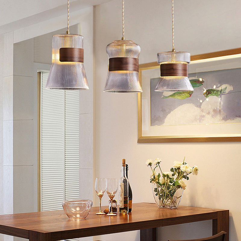 Contemporary Retro Cup Shape Ribbed Glass Brass Wood 1 - Light Pendant Light For Living Room