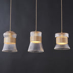 Contemporary Retro Cup Shape Ribbed Glass Brass Wood 1 - Light Pendant Light For Living Room