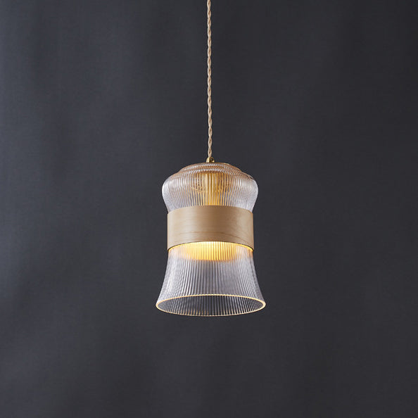 Contemporary Retro Cup Shape Ribbed Glass Brass Wood 1 - Light Pendant Light For Living Room