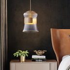 Contemporary Retro Cup Shape Ribbed Glass Brass Wood 1 - Light Pendant Light For Living Room