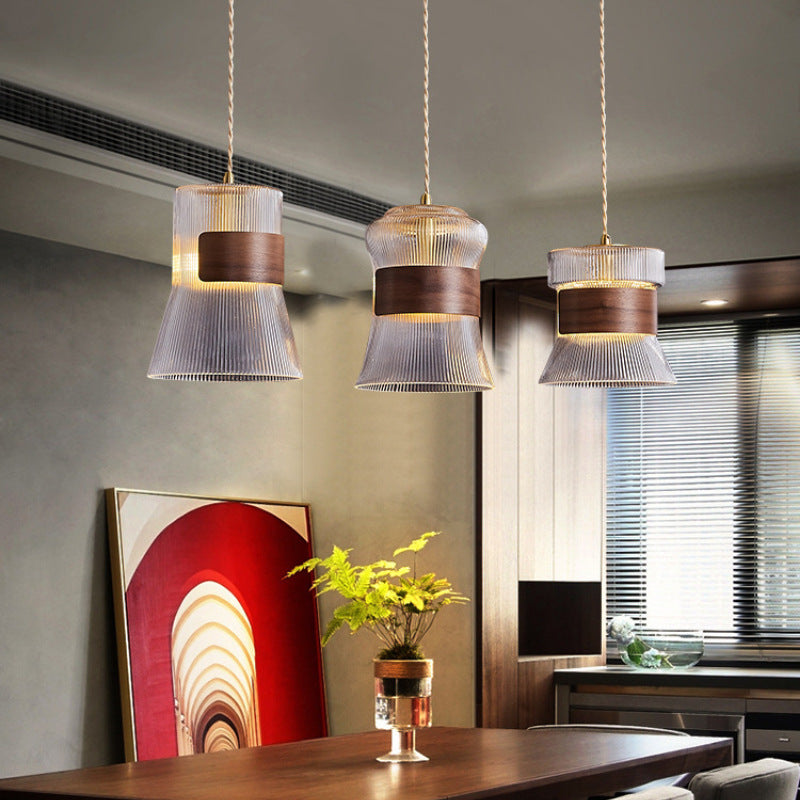 Contemporary Retro Cup Shape Ribbed Glass Brass Wood 1 - Light Pendant Light For Living Room