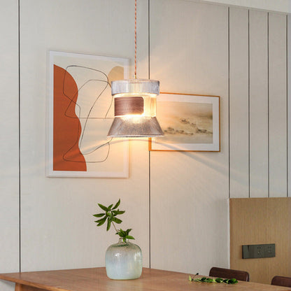 Contemporary Retro Cup Shape Ribbed Glass Brass Wood 1 - Light Pendant Light For Living Room