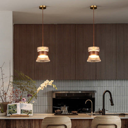 Contemporary Retro Cup Shape Ribbed Glass Brass Wood 1 - Light Pendant Light For Living Room