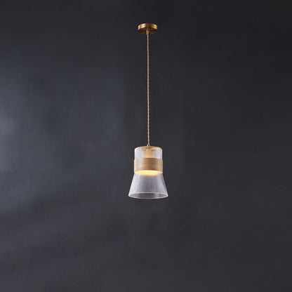 Contemporary Retro Cup Shape Ribbed Glass Brass Wood 1 - Light Pendant Light For Living Room