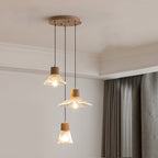 Contemporary Nordic Round Long Plate Conical Glass Hemp Rope Wood 3-light Chandeliers for Living Room BulbSquare