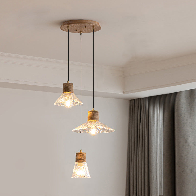 Contemporary Nordic Round Long Plate Conical Glass Hemp Rope Wood 3-light Chandeliers for Living Room