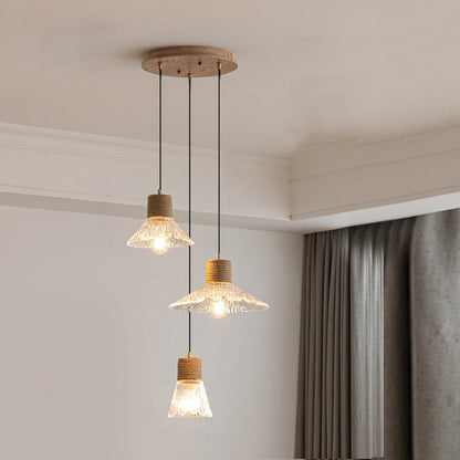 Contemporary Nordic Round Long Plate Conical Glass Hemp Rope Wood 3-light Chandeliers for Living Room