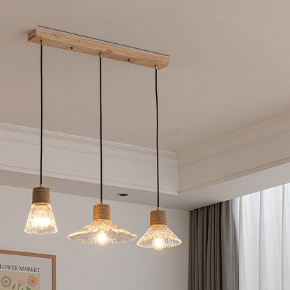 Contemporary Nordic Round Long Plate Conical Glass Hemp Rope Wood 3-light Chandeliers for Living Room