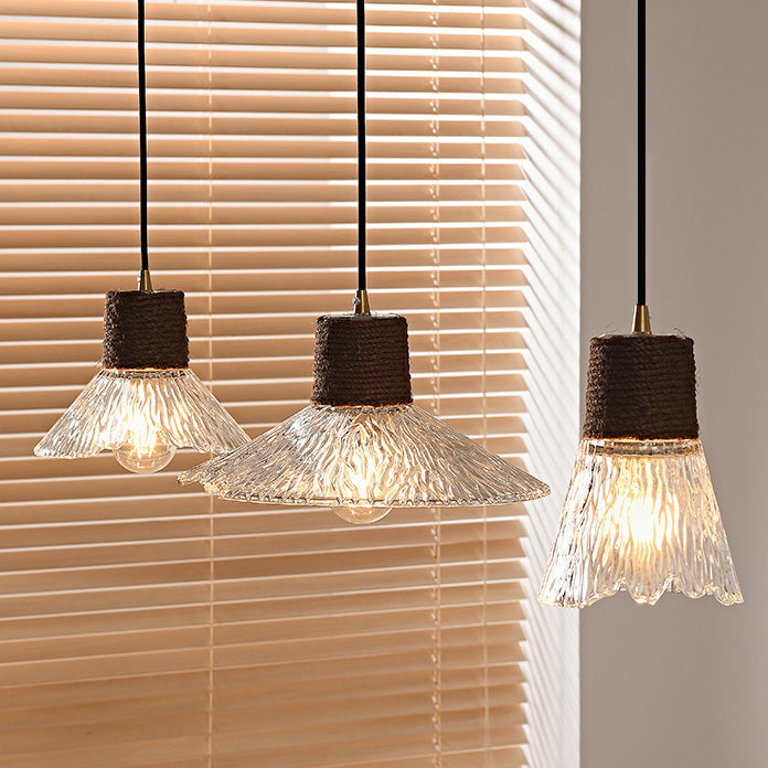 Contemporary Nordic Round Long Plate Conical Glass Hemp Rope Wood 3-light Chandeliers for Living Room BulbSquare