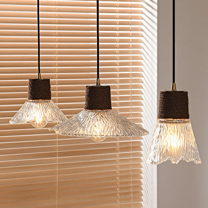 Contemporary Nordic Round Long Plate Conical Glass Hemp Rope Wood 3-light Chandeliers for Living Room