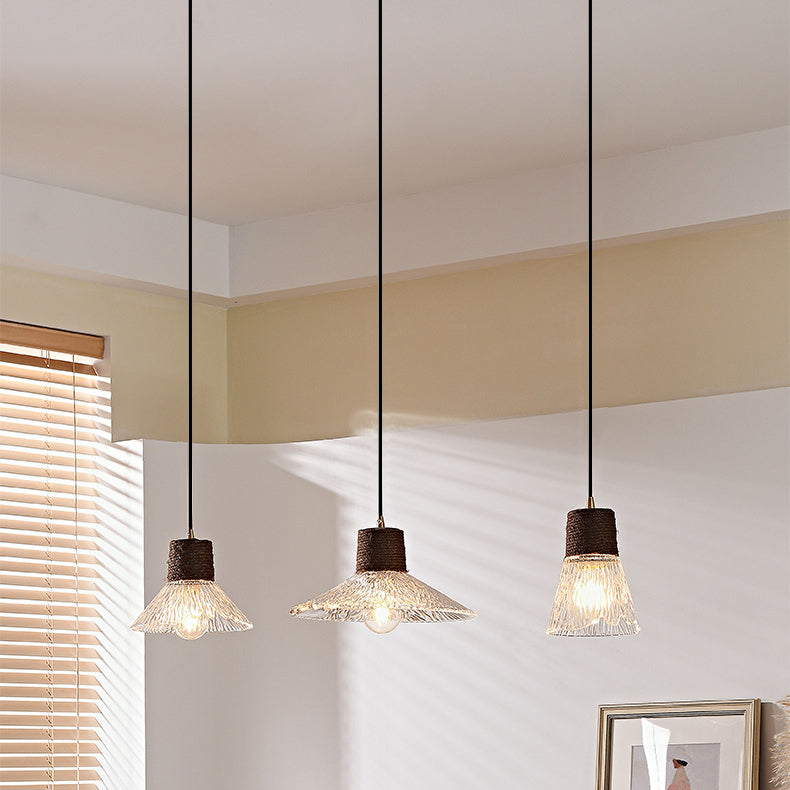 Contemporary Nordic Round Long Plate Conical Glass Hemp Rope Wood 3-light Chandeliers for Living Room BulbSquare