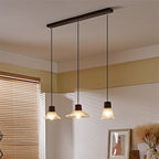 Contemporary Nordic Round Long Plate Conical Glass Hemp Rope Wood 3-light Chandeliers for Living Room BulbSquare