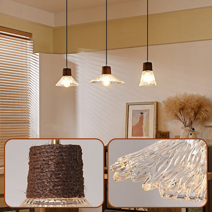 Contemporary Nordic Round Long Plate Conical Glass Hemp Rope Wood 3-light Chandeliers for Living Room