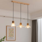 Contemporary Nordic Round Long Plate Conical Glass Hemp Rope Wood 3-light Chandeliers for Living Room BulbSquare