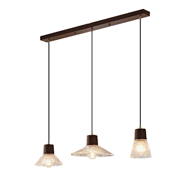 Contemporary Nordic Round Long Plate Conical Glass Hemp Rope Wood 3-light Chandeliers for Living Room