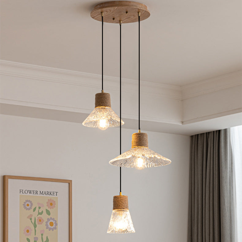 Contemporary Nordic Round Long Plate Conical Glass Hemp Rope Wood 3-light Chandeliers for Living Room BulbSquare