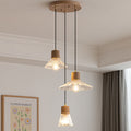 Contemporary Nordic Round Long Plate Conical Glass Hemp Rope Wood 3-light Chandeliers for Living Room BulbSquare