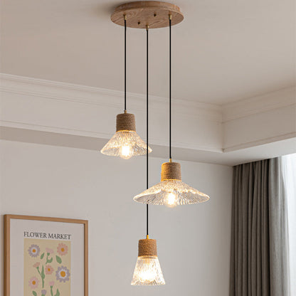 Contemporary Nordic Round Long Plate Conical Glass Hemp Rope Wood 3-light Chandeliers for Living Room
