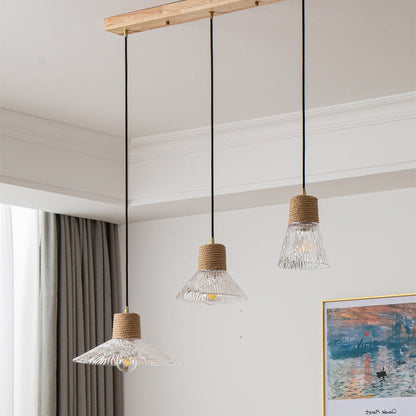 Contemporary Nordic Round Long Plate Conical Glass Hemp Rope Wood 3-light Chandeliers for Living Room