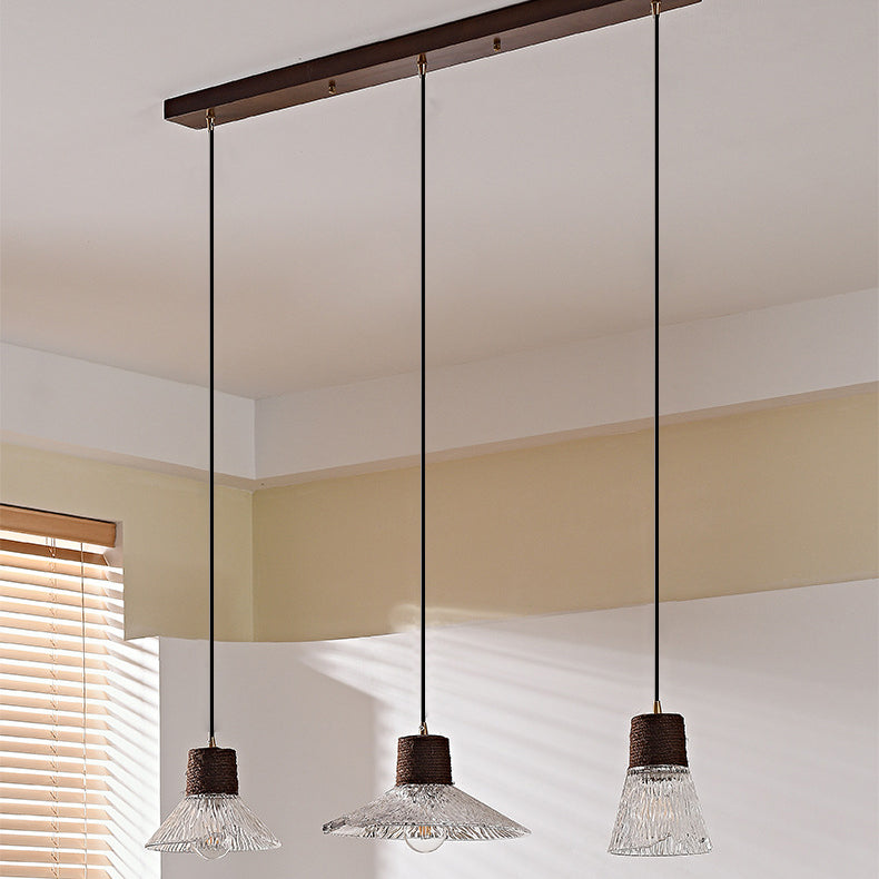 Contemporary Nordic Round Long Plate Conical Glass Hemp Rope Wood 3-light Chandeliers for Living Room