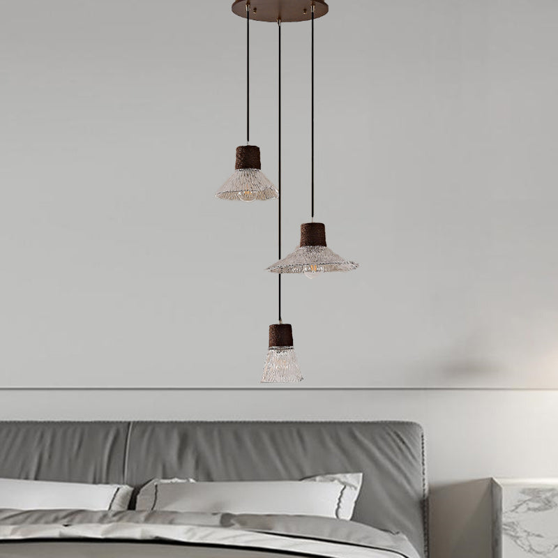 Contemporary Nordic Round Long Plate Conical Glass Hemp Rope Wood 3-light Chandeliers for Living Room BulbSquare