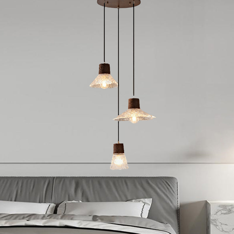 Contemporary Nordic Round Long Plate Conical Glass Hemp Rope Wood 3-light Chandeliers for Living Room