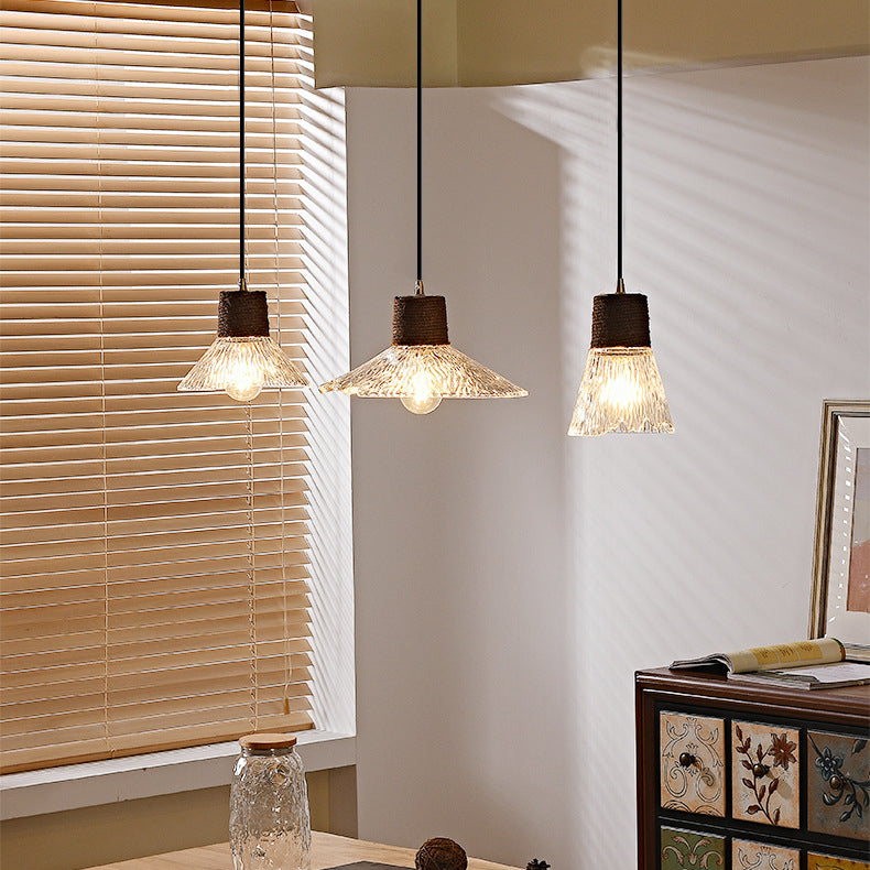 Contemporary Nordic Round Long Plate Conical Glass Hemp Rope Wood 3-light Chandeliers for Living Room BulbSquare