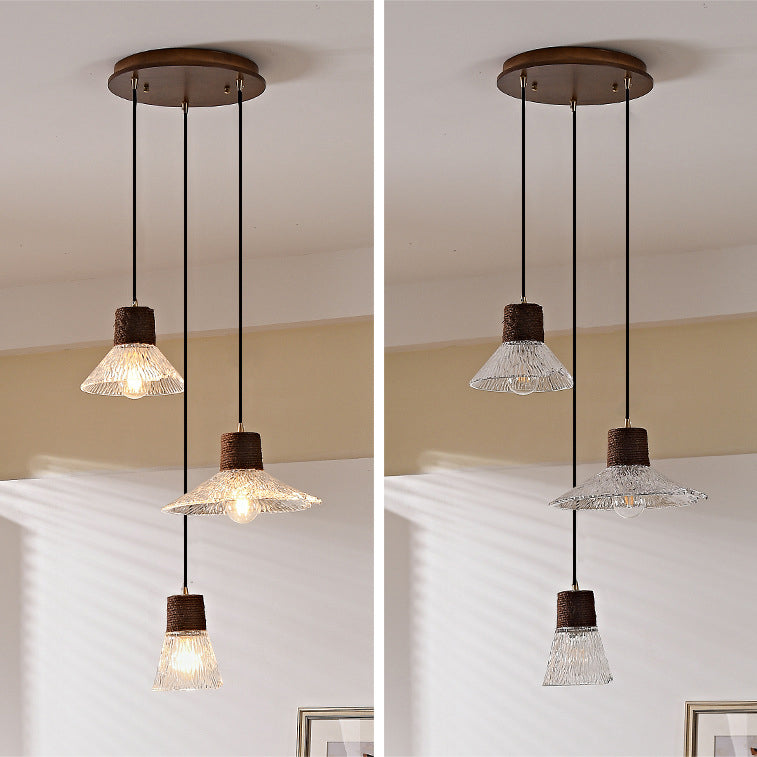 Contemporary Nordic Round Long Plate Conical Glass Hemp Rope Wood 3-light Chandeliers for Living Room BulbSquare