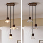 Contemporary Nordic Round Long Plate Conical Glass Hemp Rope Wood 3-light Chandeliers for Living Room BulbSquare