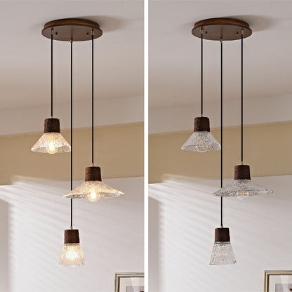 Contemporary Nordic Round Long Plate Conical Glass Hemp Rope Wood 3-light Chandeliers for Living Room