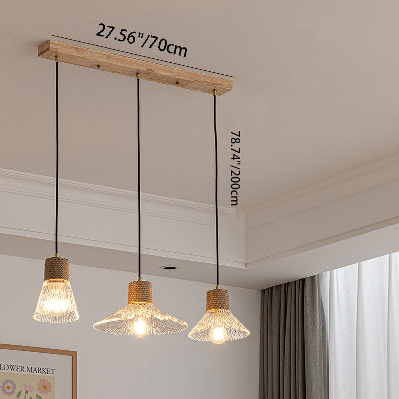 Contemporary Nordic Round Long Plate Conical Glass Hemp Rope Wood 3-light Chandeliers for Living Room