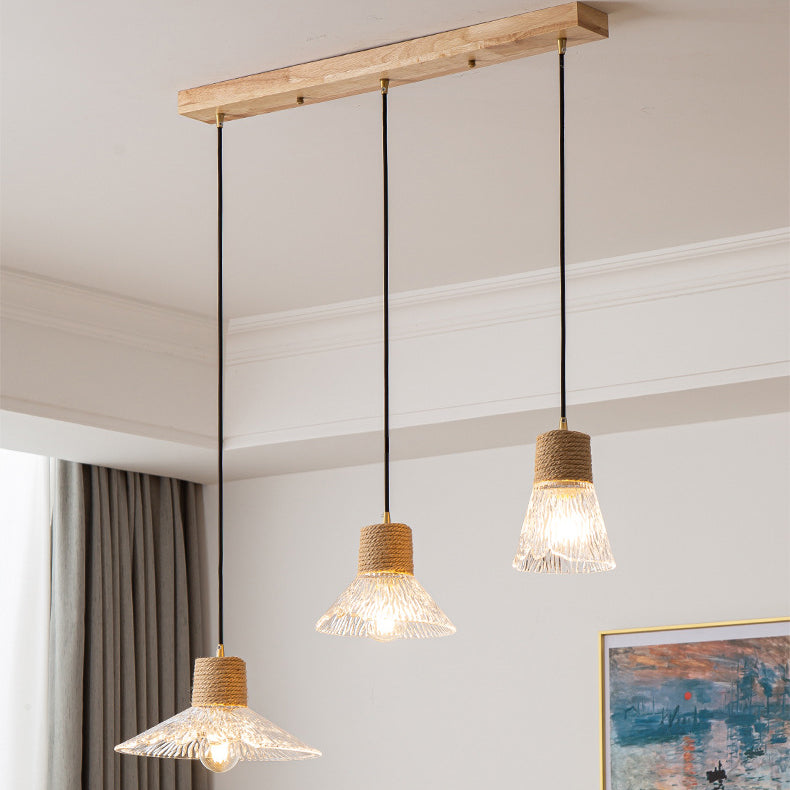 Contemporary Nordic Round Long Plate Conical Glass Hemp Rope Wood 3-light Chandeliers for Living Room BulbSquare
