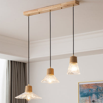 Contemporary Nordic Round Long Plate Conical Glass Hemp Rope Wood 3-light Chandeliers for Living Room
