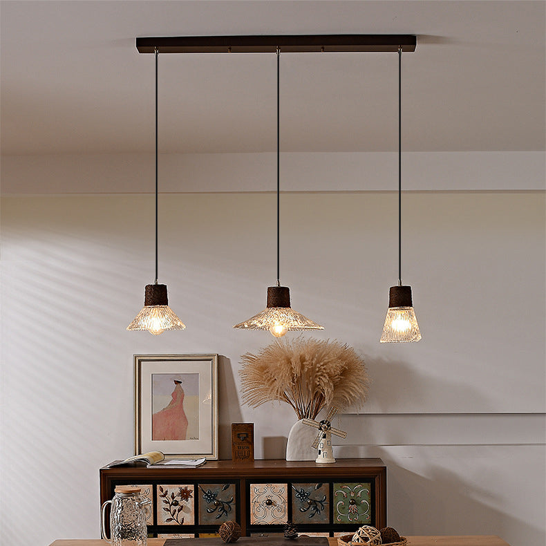 Contemporary Nordic Round Long Plate Conical Glass Hemp Rope Wood 3-light Chandeliers for Living Room BulbSquare