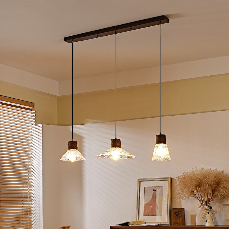 Contemporary Nordic Round Long Plate Conical Glass Hemp Rope Wood 3-light Chandeliers for Living Room