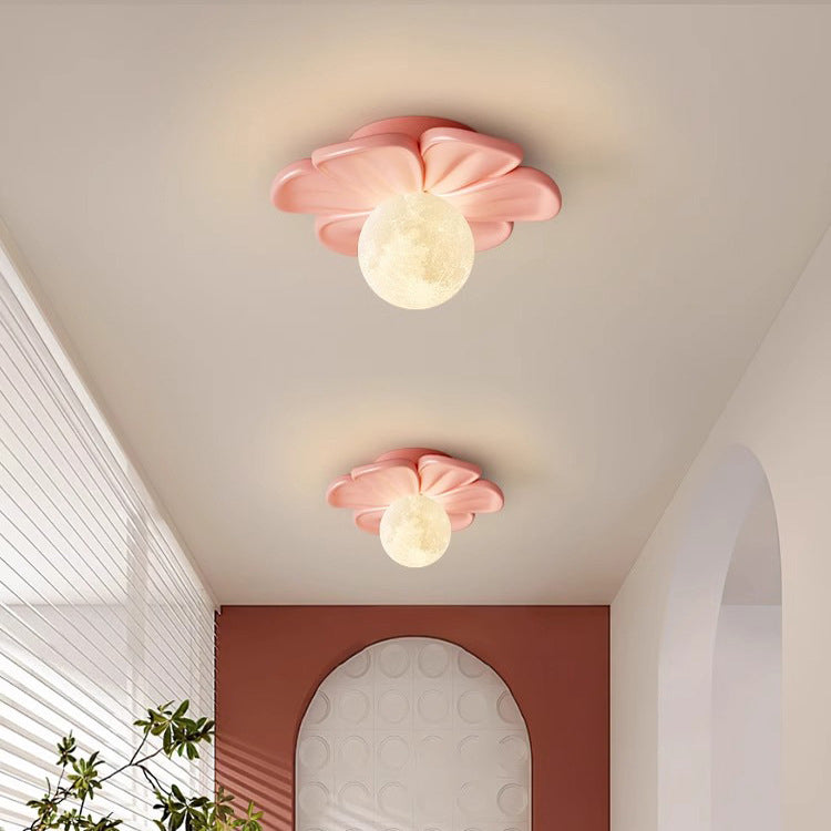 Contemporary Creative Cream Floral Ball Iron Resin Shade 1-light Semi-flush Mount Light for Hallway