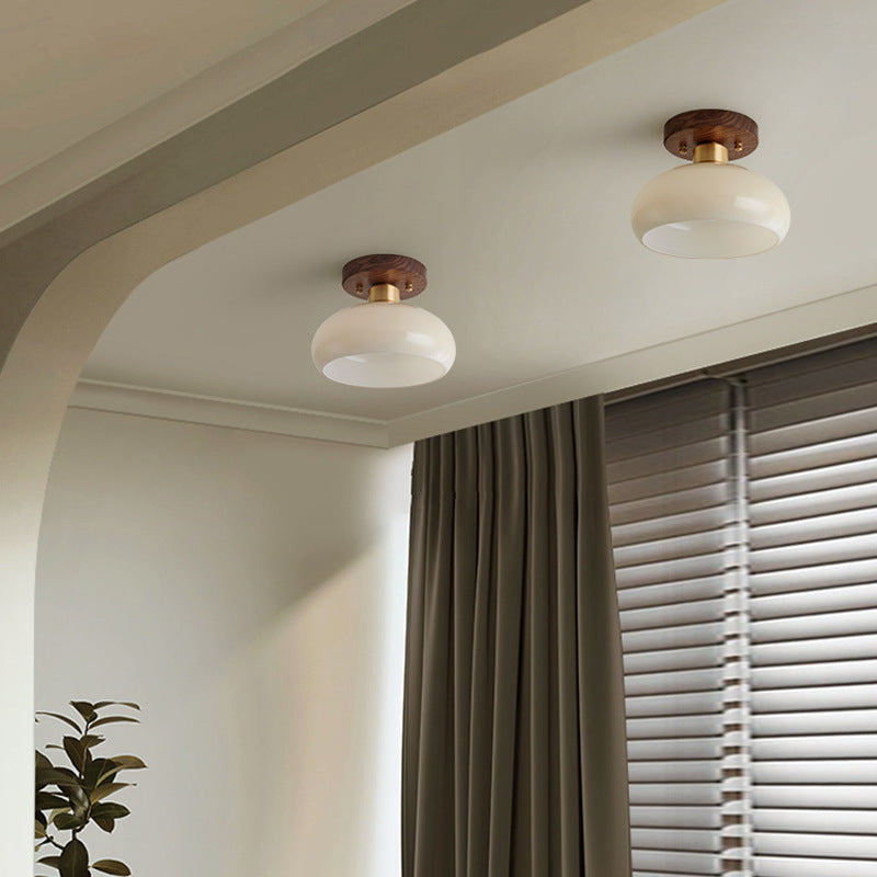 Contemporary Scandinavian Exposed Concealed Installation Drum Round Bowl Ribbed Glass Iron Wood Copper 1-light Semi-flush Mount Ceiling Light for Hallway