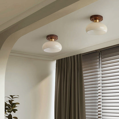 Contemporary Scandinavian Exposed Concealed Installation Drum Round Bowl Ribbed Glass Iron Wood Copper 1-light Semi-flush Mount Ceiling Light for Hallway